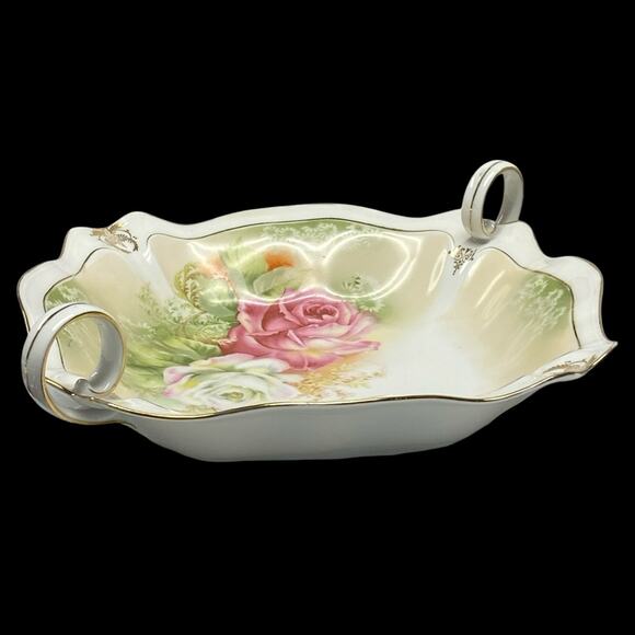 RS Germany Porcelain Decorative Bowl with Finger Handles Pink Rose Gold Trim 9" - Picture 1 of 14